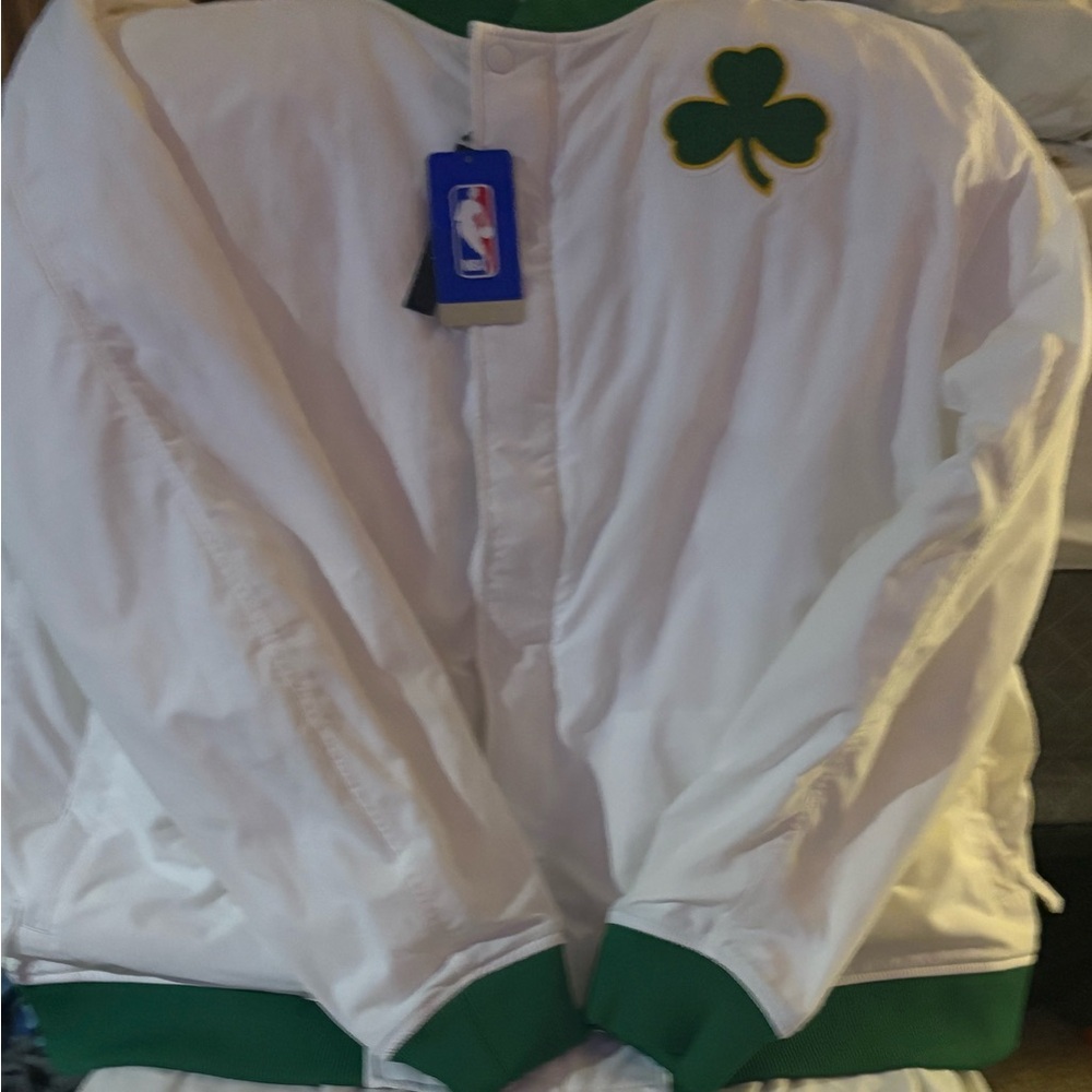White and Green NBA Jacket with Shamrock